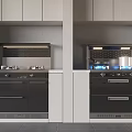 Modern Kitchen Cooking Appliances Featuring Built-in Stoves With Blue Flames And Gray Cabinets