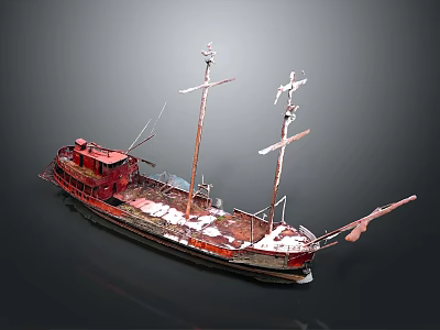 Vintage Red Sailing Ship with Rusted Masts and Weathered Wooden Deck 3d model