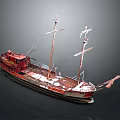 Vintage Red Sailing Ship with Rusted Masts and Weathered Wooden Deck