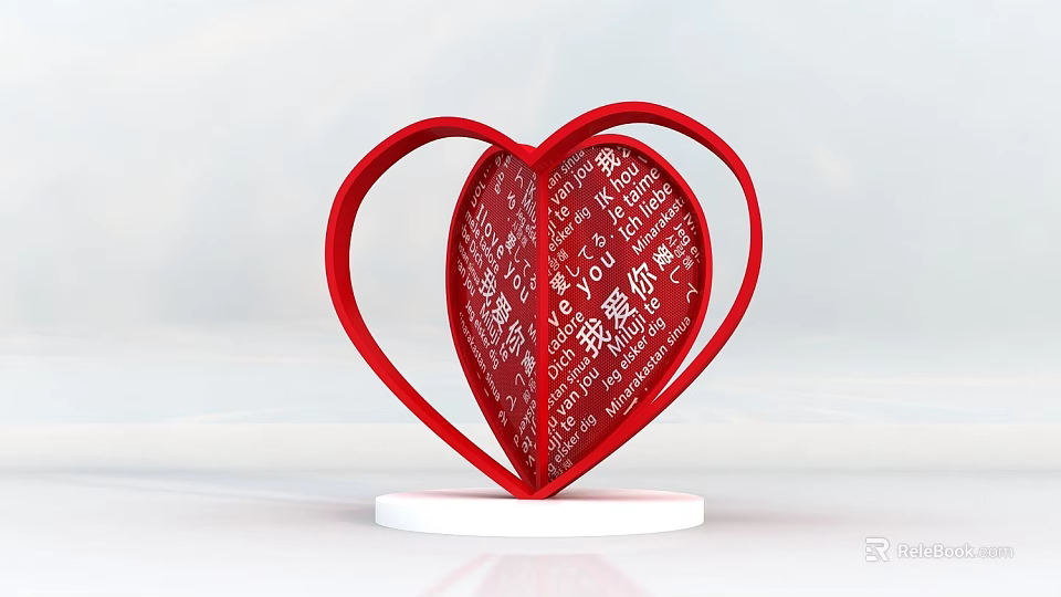 Red Heart Shaped Decorative Ornament With Inscribed Text On White Base 3d model 