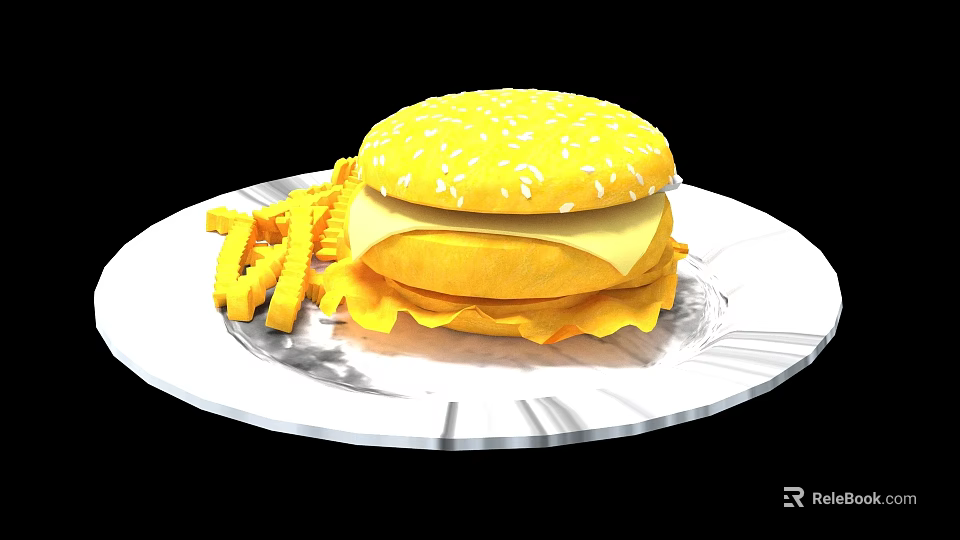 Delicious Cheesy Burger With Sesame Seed Bun And French Fries On White Plate 3d model 
