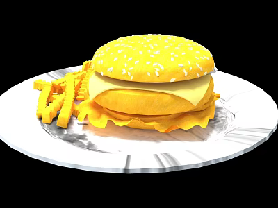 Delicious Cheesy Burger With Sesame Seed Bun And French Fries On White Plate 3d model
