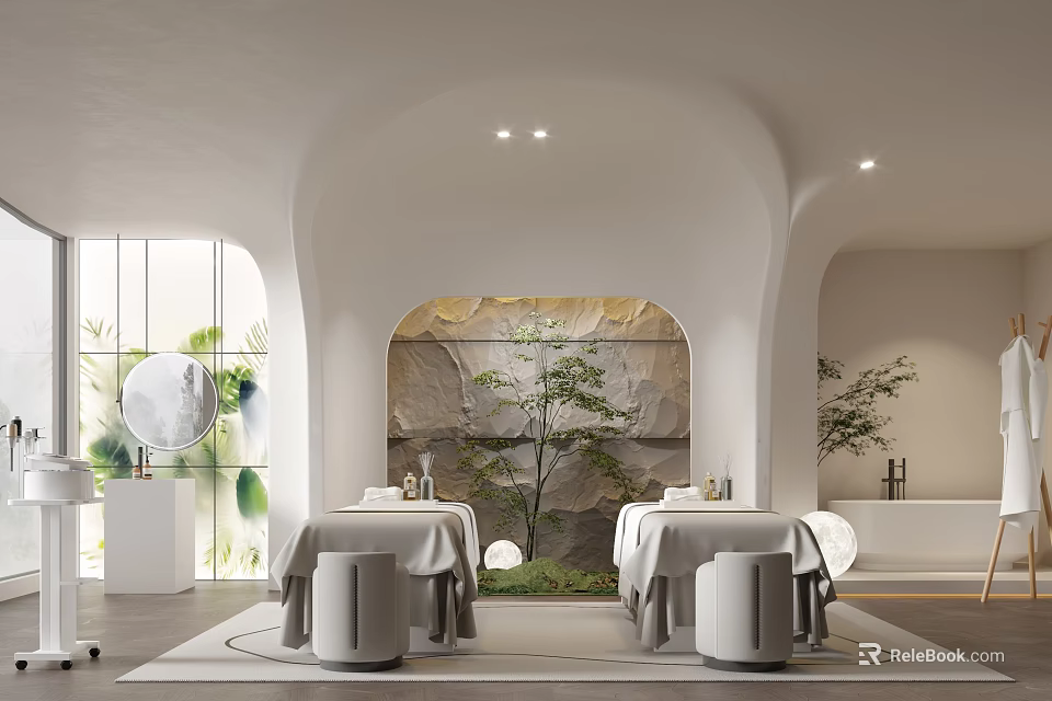 Modern SPA Sauna Interior Design With Stone Wall Green Plants And Soft Lighting 3d model