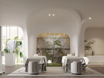 Modern SPA Sauna Interior Design With Stone Wall Green Plants And Soft Lighting 3d model