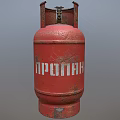 Red Propane Gas Cylinder With Weathered Surface And Russian Text Inscription