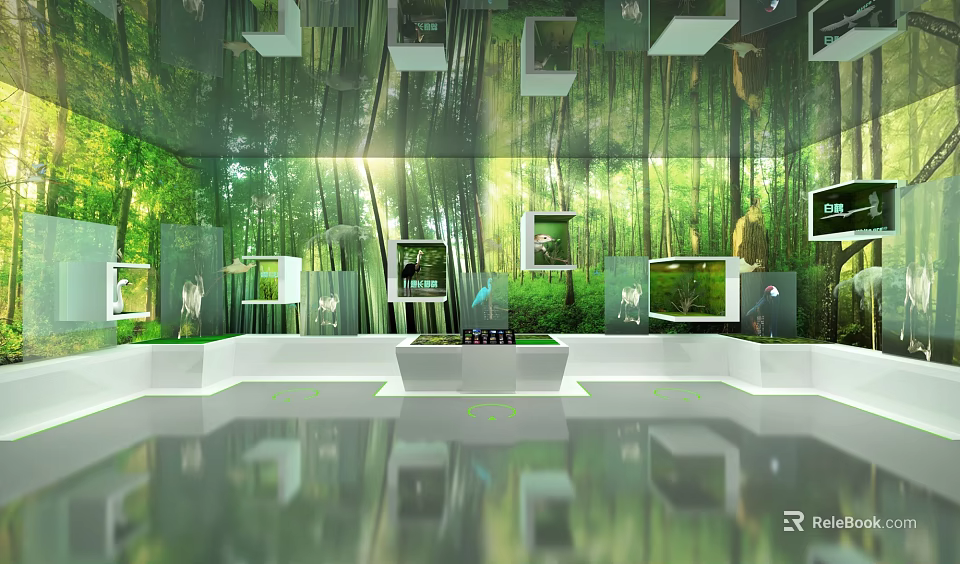 Indoor Exhibition Space Interior With Green Forest Backdrop And White Display Cubes 3d model