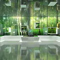 Indoor Exhibition Space Interior With Green Forest Backdrop And White Display Cubes 3d model