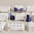 Elegant Event Table Settings With Various Shapes White Purple Tablecloths And Flower Vases