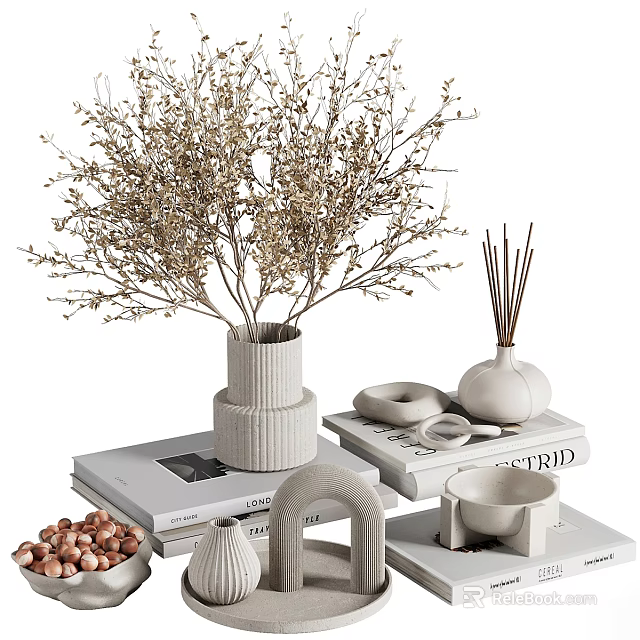 Ceramic Vessels In Ribbed And Curved Shapes With Dried Branches Incense Sticks On Stacked Books 3d model 