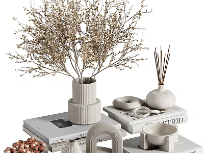 Ceramic Vessels In Ribbed And Curved Shapes With Dried Branches Incense Sticks On Stacked Books 3d model