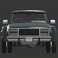 Light Blue Pickup Truck With Red Roof Lights And Striped Seats On Reflective Surface
