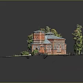 European Architecture Featuring Red Brick Exterior Blue Roof Green Lawn And Trees