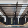 Modern Basketball Gym Interior With Hanging Lights Spectator Seats And Service Counter