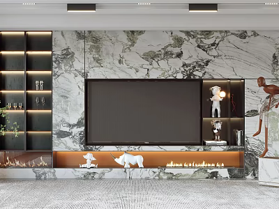 Modern TV Background Wall Design With Marble Texture Built-in TV And Decorative Shelves 3d model