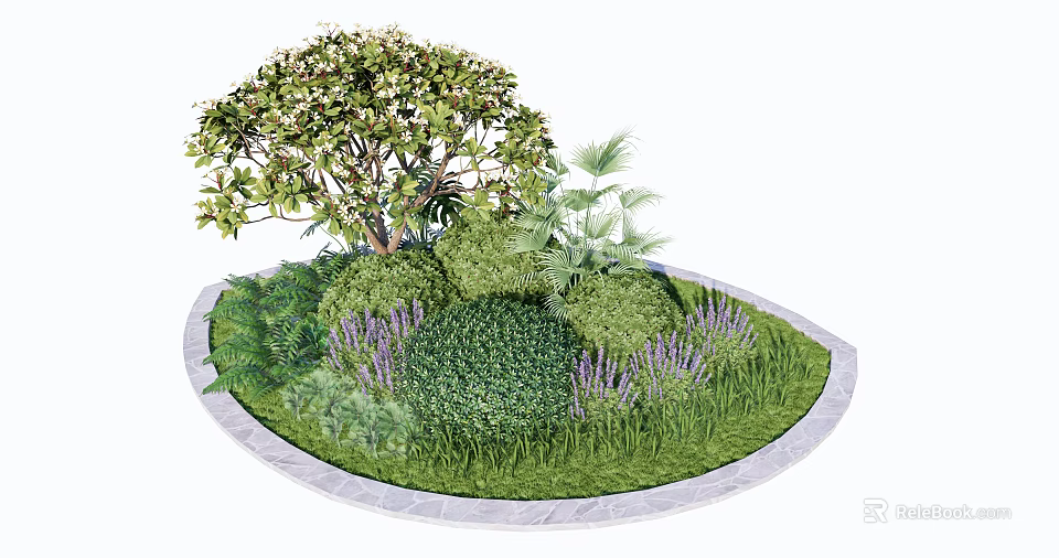 Various Flower Plants In Circular Garden Bed With Green Shrubs Lavender And Lawn 3d model 