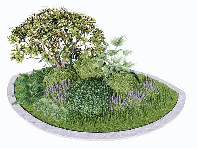 Various Flower Plants In Circular Garden Bed With Green Shrubs Lavender And Lawn 3d model