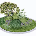 Various Flower Plants In Circular Garden Bed With Green Shrubs Lavender And Lawn