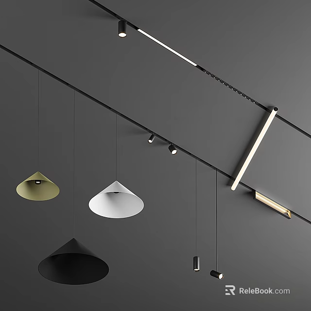 Modern Lighting Combination With Conical Pendant Lights White Gold Black Shades And Ceiling Track Spotlights 3d model 