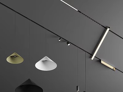 Modern Lighting Combination With Conical Pendant Lights White Gold Black Shades And Ceiling Track Spotlights 3d model