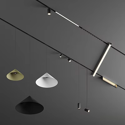 Modern Lighting Combination With Conical Pendant Lights White Gold Black Shades And Ceiling Track Spotlights 3d model