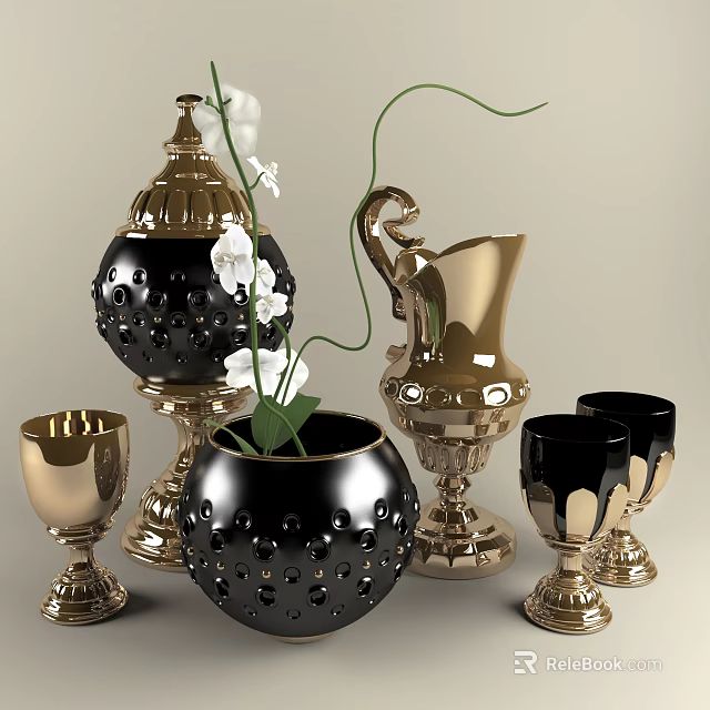 Decorative Black And Gold Vase With White Flowers For Home Decor Elements 3d model