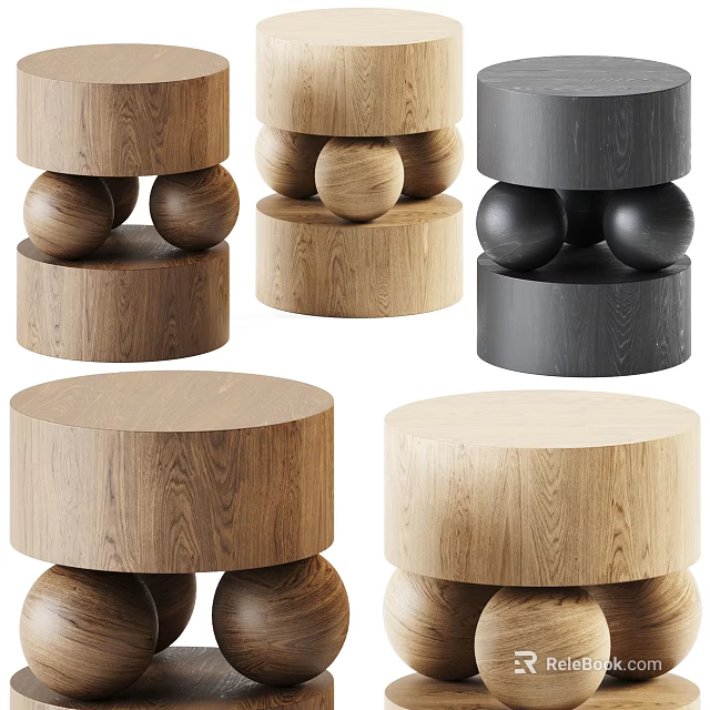 Modern Wooden Stools With Round Seats And Decorative Balls In Natural And Dark Tones 3d model 