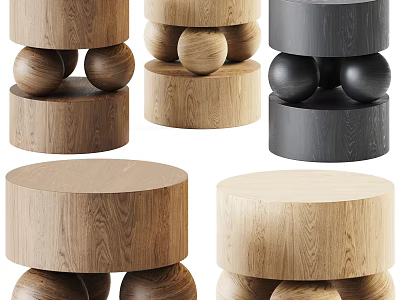 Modern Wooden Stools With Round Seats And Decorative Balls In Natural And Dark Tones 3d model