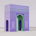Purple Triumphal Arch with Green Archway and Decorative Statues on Light Purple Background