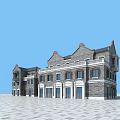 Classical Brick Building With Arched Windows Balconies And Paved Square Under Blue Sky 3d model