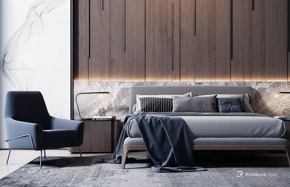 Contemporary Double Bed Interior Featuring Wooden Headboard Wall Gray Bedding And Blue Armchair 3d model 