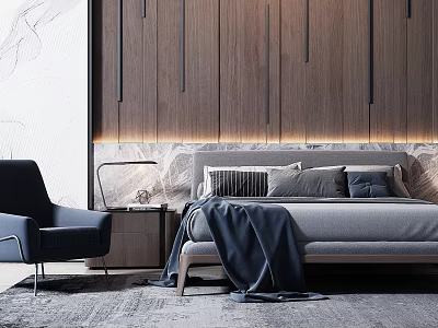 Contemporary Double Bed Interior Featuring Wooden Headboard Wall Gray Bedding And Blue Armchair 3d model