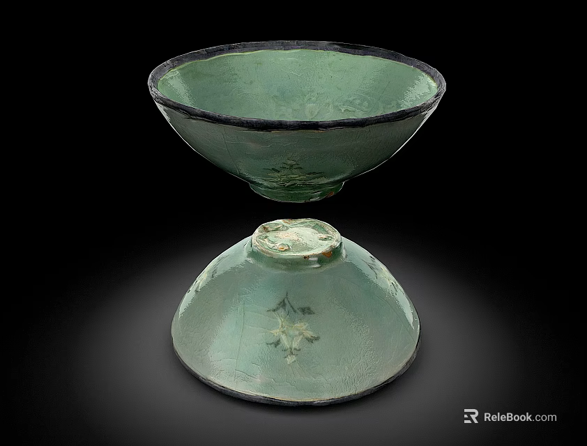 Green Ceramic Ware Bowl With Black Rim And Floral Patterns On Base 3d model 