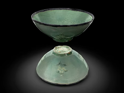 Green Ceramic Ware Bowl With Black Rim And Floral Patterns On Base 3d model