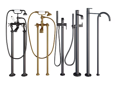 Various Gold and Black Floor Standing Faucets with Flexible Hoses and Modern Designs 3d model