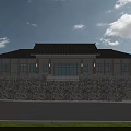 Industrial Factory Building With Metal Exterior Wall Stone Base Large Windows Street Lamp Green Lawn