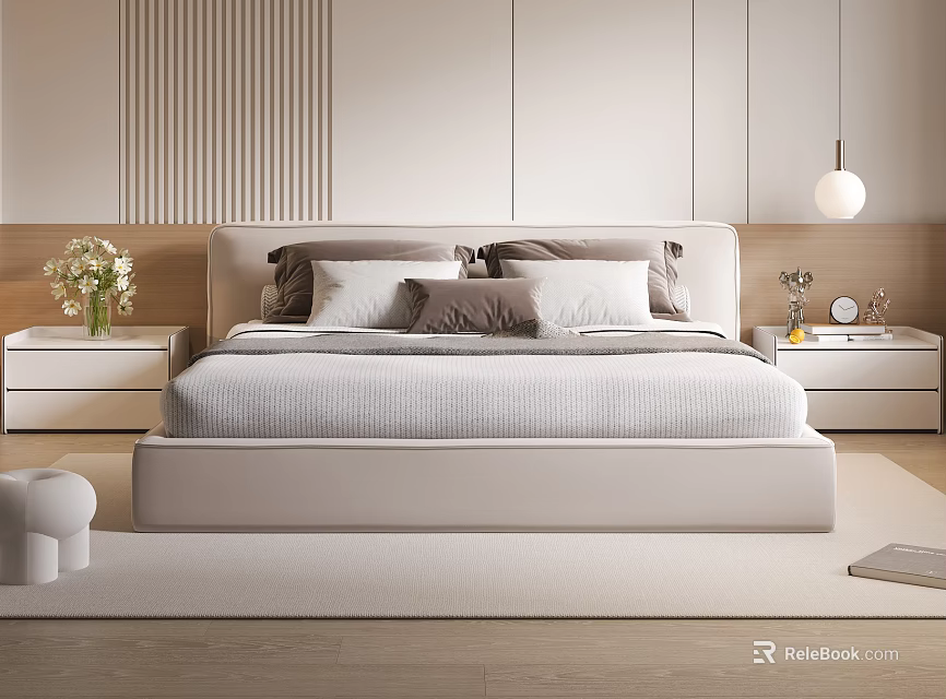 Modern Minimalist Double Bed With Upholstered Headboard Pillows Nightstand And Soft Rug 3d model 