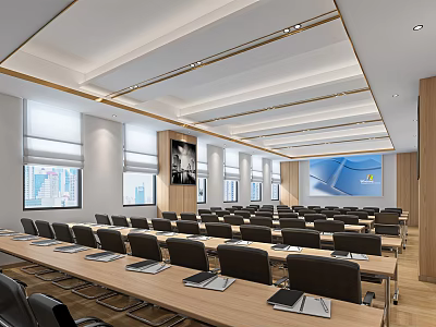 Modern Conference Room With Long Tables Black Chairs Large Windows Projection Screen And Ceiling Design 3d model
