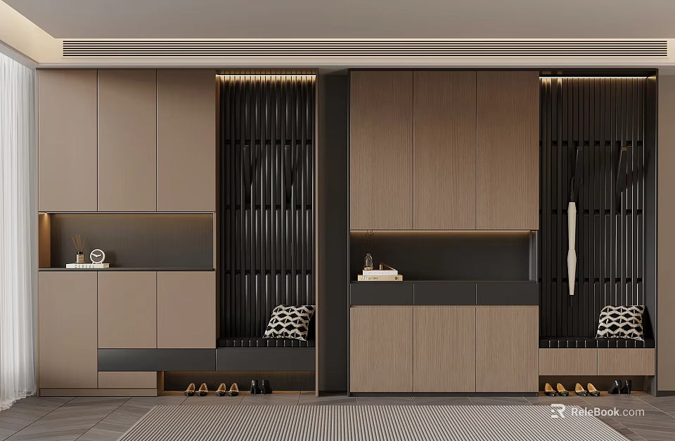 Modern Shoe Cabinet Interior Design With Wooden Storage Bench And Neatly Arranged Shoes 3d model 