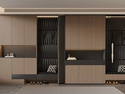Modern Shoe Cabinet Interior Design With Wooden Storage Bench And Neatly Arranged Shoes 3d model