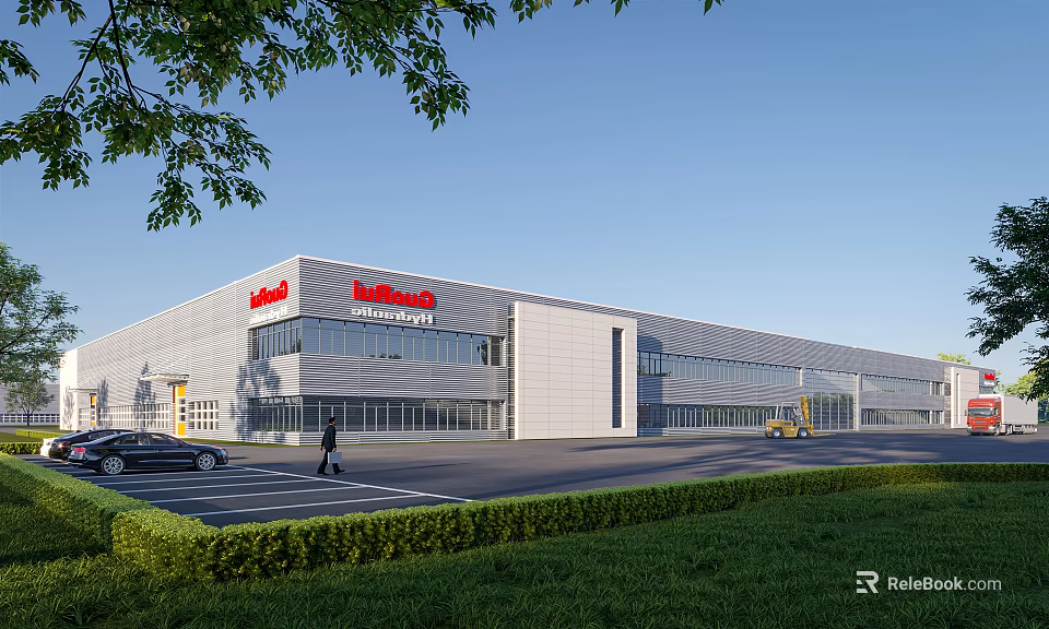 Modern Industrial Factory Building With Metal Exterior Glass Curtain Wall Company Logo Vehicles And Landscaped Greenery 3d model 