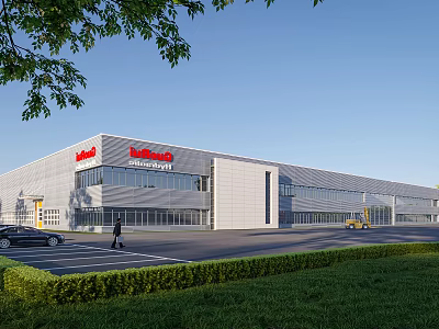Modern Industrial Factory Building With Metal Exterior Glass Curtain Wall Company Logo Vehicles And Landscaped Greenery 3d model