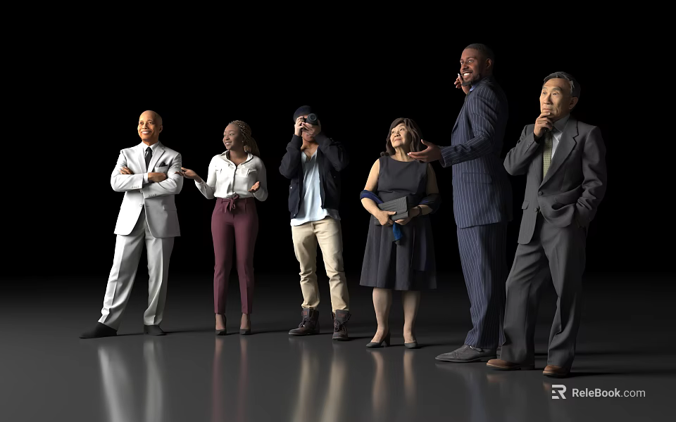 Group of people standing together in different formal and casual outfits against black background 3d model 