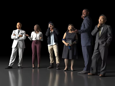 Group of people standing together in different formal and casual outfits against black background 3d model
