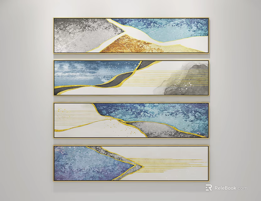 Four Panel Abstract Wall Art With Blue Gold Gray White Lines And Blocks 3d model