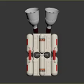 Technical Mechanical Assembly With Silver Horn Shaped Parts Red Accents And White Base