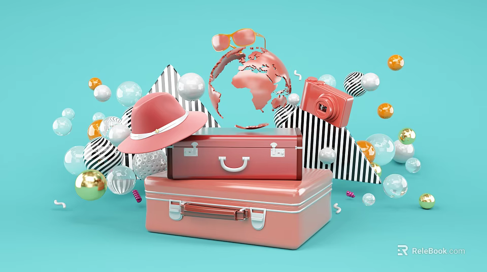 Stylish Travel Luggage Stack With Hat Globe Camera And Decorative Balls 3d model