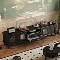 Vintage Black TV Stand With Glass Doors Storage And Decorative Ornaments On Retro Background