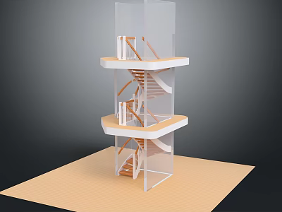 Spiral Staircase Model With Multi Level Platforms And Wooden Steps Transparent Structure 3d model