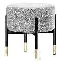 Modern Round Gray Textured Fabric Ottoman With Black Legs And Gold Feet