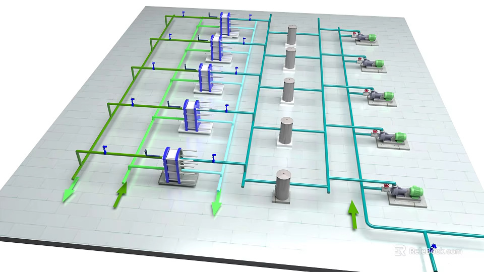 Industrial Equipment Piping System Layout With Pumps Motors And Directional Arrows 3d model 